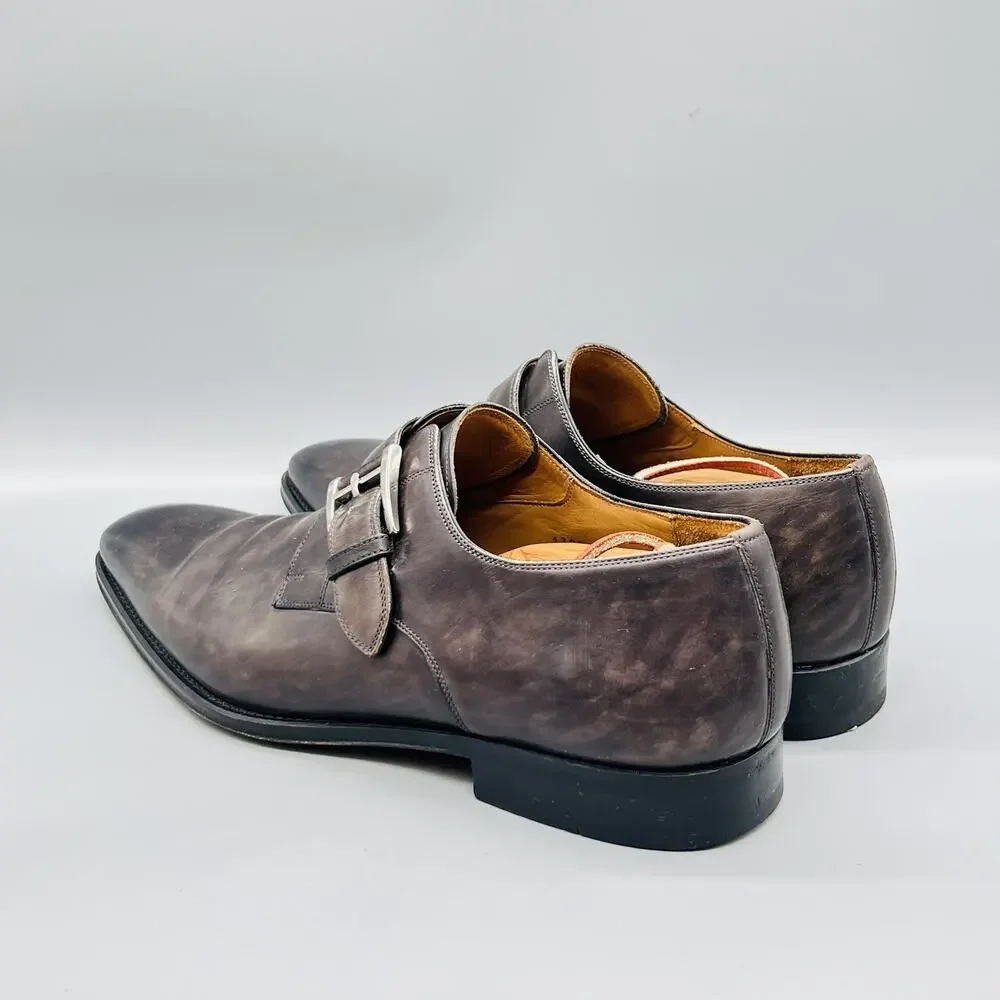 Magnanni Shoes Mens 10 Gray Leather Monk Strap Oxford Dress Buckle Almond Toe